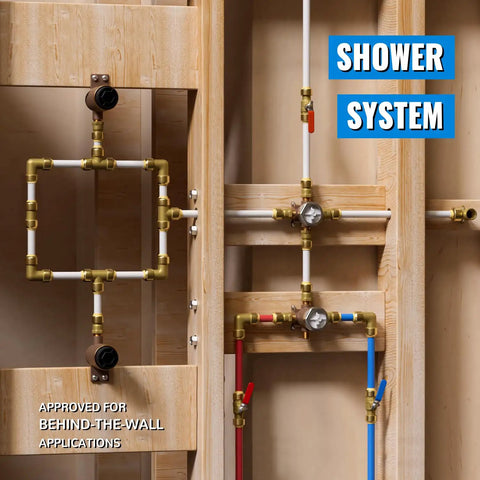 Shower system with behind-the-wall piping and valves, showcasing water flow management and stability within a wooden frame.