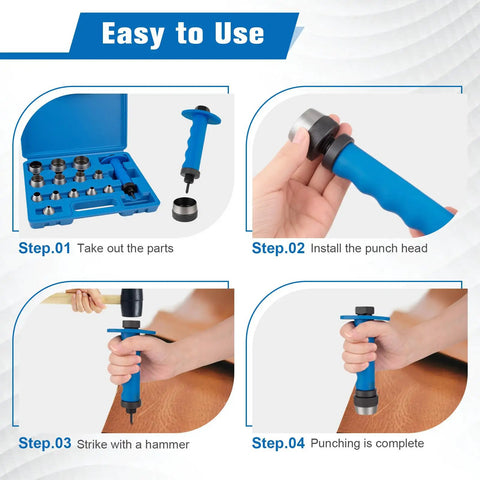Pro Grade 13 Size Hollow Punch Kit For Leather Rubber Plastic And Gasket Easy Grip Handle 3 Sixteenth Inch To 1 Three Eighths Inch Hole Punch Set usage steps