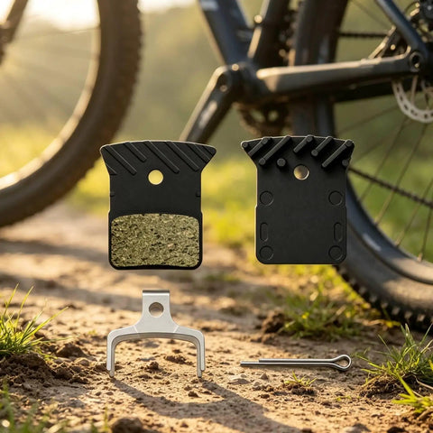 Road Bike Disc Brake Pads Kit With Spring And Pin For Consistent Stopping On Road Rides Resin And Metal Construction With Stainless Steel Support Durable Spares For Daily Rides And Routine Maintenance. resin-metal brake pads with pin and spring, front view