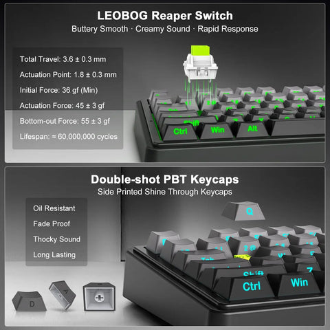 LEOBOG Reaper Switch on Top Notch 75 Percent Wireless Mechanical Keyboard featuring gasket mount and glowing RGB illumination.