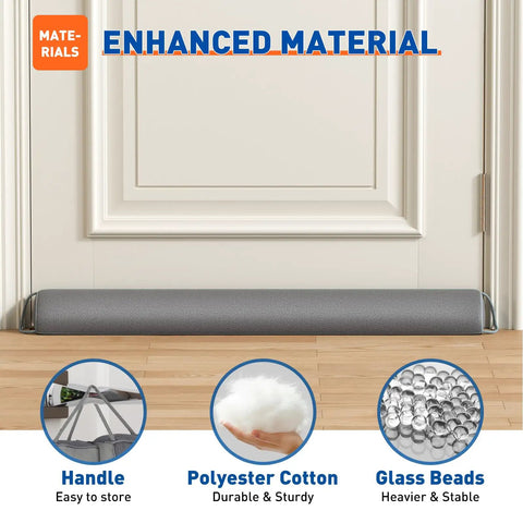 Heavy Duty Triangular Under Door Draft Stopper Works Like A Charm By Plugging Cold Drafts And Road Noise With A Weighted Core That Slides Right Into Place On Any Surface In Cool Gray against a door, showcasing handle, polyester cotton, and glass beads.