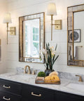 Gold Linen Wall Sconce Dimmable On Off Dimmer Modern Bathroom Vanity Light on wall above marble sink