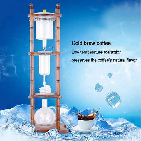 Slick Cold Brew Coffee Tower Featuring A Reliable Ice Drip System For Bold Flavor Kick Holds A Humongous 3000ML Glass Jar Settled On A Raw Brown Wood Stand Perfect For Patio Hangouts Or Friday Night House Vibes.