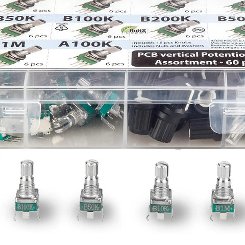 60 Pcs 9mm Onboard PCB Potentiometer Assortment Kit With 10 Values Including B1K B5K B10K B20K B50K B100K B200K B500K B1M And A100K