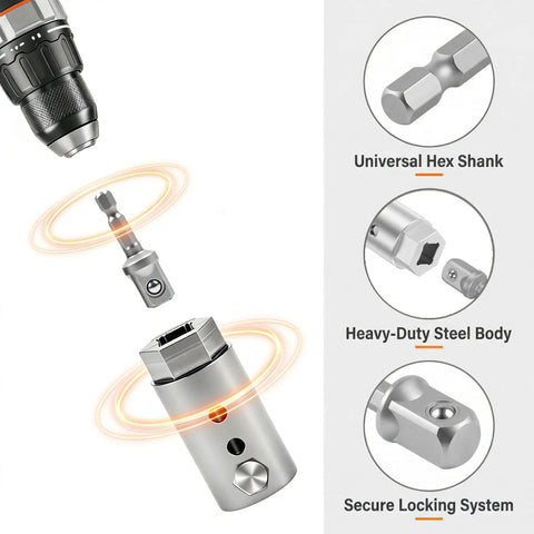 Heavy Duty Trailer Jack Drill Adapter Kit Compatible With 1 Inch Drive Shafts includes heavy-duty steel body and universal hex shank.