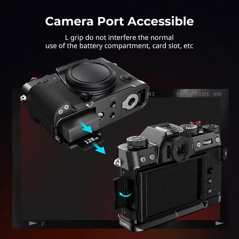 Dope Silicone L-Shape Handgrip for Fuji X-T30 Series Cameras With Built-In Quick Release Plate for Arca-Swiss Mounts, showing camera port accessibility.
