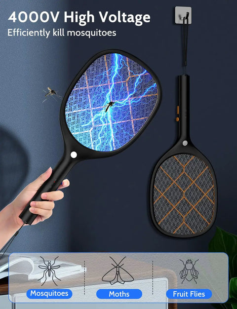 Electric Fly Swatter Zapper Racket 4000V Beast Mosquito Killer with LED Light for Indoor and Outdoor Use, handheld and wall-mounted.