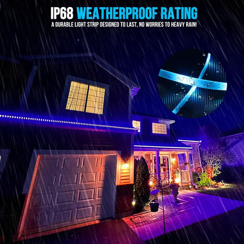 Outdoor 100Ft IP68 Waterproof LED Strip Lights on house with night rain and lighting detail inset