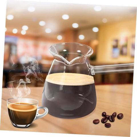 Thickened Glass Turkish Coffee Pot 16 Oz Borosilicate Teapot With Side Handle on wooden table, steaming coffee and beans