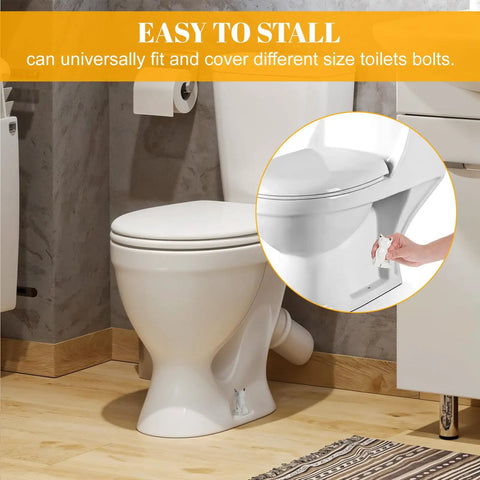Close-up of Set Of 2 Ceramic Cat Style Toilet Bolt Caps White Seat Screw Covers Heavy Duty Bathroom Hardware No Sweat Install over toilet bolts.