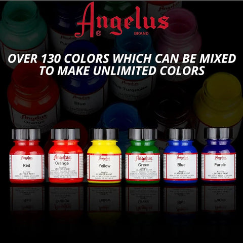 Row of Angelus brand leather paint bottles in various colors including red, orange, yellow, green, blue, and purple.