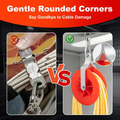 Comparison image showing No Hassle Cable Pulley Kit For Low Voltage Network Wiring with rounded corners to prevent cable damage.