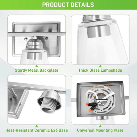 Close-up details of 3 Light Vanity Light With 5 Piece All In One Bathroom Set in brushed nickel with clear glass shade and mounting plate.