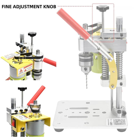 Image of Handy Portable Mini Benchtop Drill Press with Seven Speed Control, showing fine adjustment knob and B10 chuck setup.