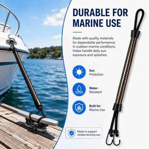 Two Pack Bungee Dock Line for Blackjack 256 Coastal Boats, Elastic Shock Absorbing Mooring Rope in use at boat dock.