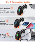 Wireless Bluetooth Barcode Scanner Handheld 2D 1D QR Reader with 800x600 CMOS Sensor showing 3 connection modes