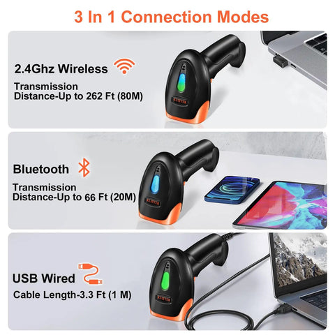 Wireless Bluetooth Barcode Scanner Handheld 2D 1D QR Reader with 800x600 CMOS Sensor showing 3 connection modes