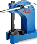 Solid Build Manual Arbor Press With Easy Spin Hand Wheel And Flip Ram, 2 Ton Squeeze For Stamping Leather Aluminum And Custom Crafts, Wide 8.5 Inch Throw Bench Workhorse For Pros with blue cast iron body.