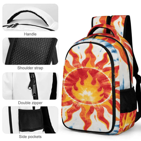 Blue Radial Tie Dye Sun Pattern Backpack Unisex Large Capacity Daypack Made From Durable Polyester with handle and side pockets