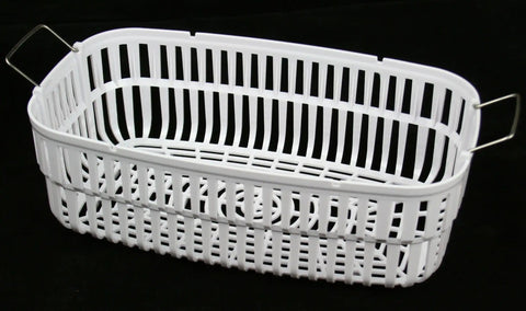 White plastic basket with handles, compatible with Heavy Duty Ultrasonic Cleaner With Heater 160 Watts 2.5 Liter Tank