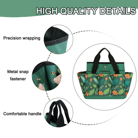 Waterproof Garden Tool Bag With 8 Side Pockets And Big Main Compartment, Durable 600D Oxford Tote, green floral with features
