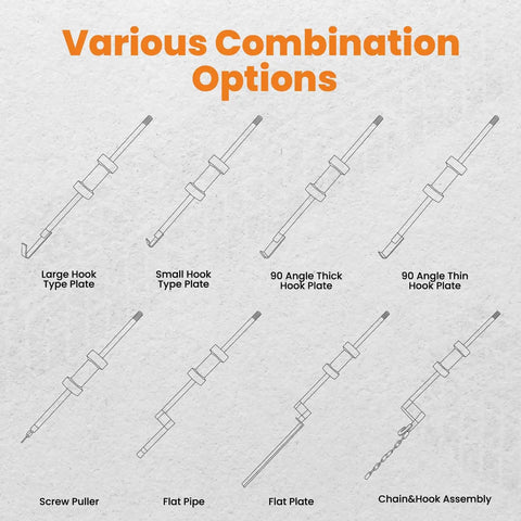 Diagram of attachment options for Beefy 13Lb Dent Puller Slide Hammer Car Dent Removal Tool Kit Heavy Duty Auto Body Repair Set