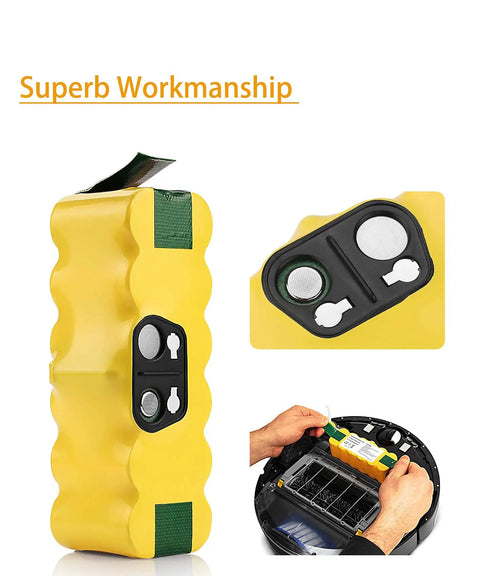 Replacement Ni-MH Battery 14.4V 4500mAh For Roomba 500 600 700 800 900 Series showing design and installation in vacuum