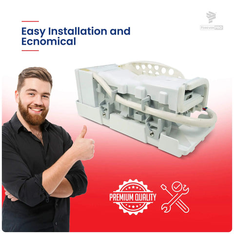 Replacement Ice Maker Assembly DA97-05422A For Samsung Fridges shown with easy installation graphic and a smiling person