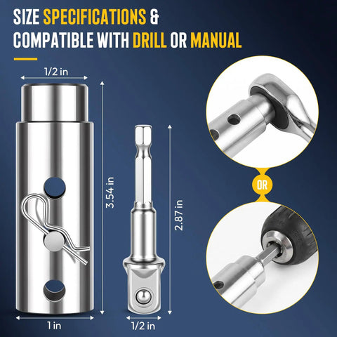 High Performance Trailer Jack Drill Adapter With 1 Inch Drive Shaft And Half Inch Socket Size For RV And Truck Campers shown with size specifications.