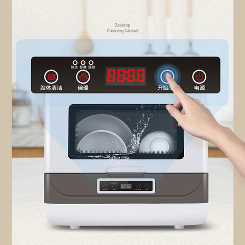 Fully Automatic Countertop Dishwasher With Ultrasonic Scrubbing And Auto Dry showing control panel and dishes inside.
