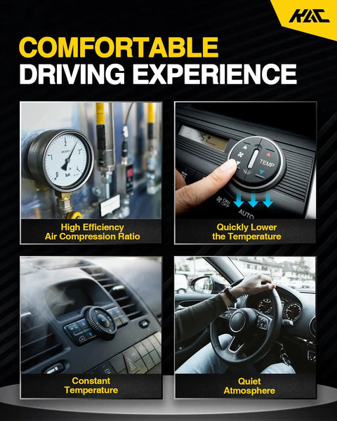 Collage showing AC compressor features and benefits for VW 2.5L 2005-2014, ensuring efficient cooling and comfort.