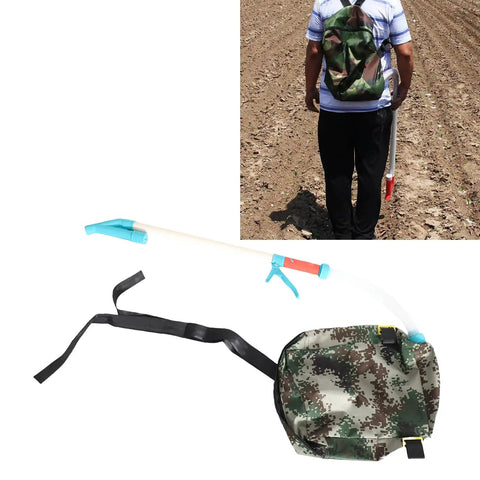 Backpack Style Fertilizer Spreader For Lawn And Garden Manual Handheld Broadcast Spreader with adjustable straps on person in field