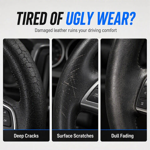 Refresh Your Gnarled Steering Wheel With This Badass Nourishing Leather Restoration Cream That Deeply Repairs Scratches And Fades While Keeping Your Car Interior Looking Slick And Pristine showing three steering wheel damage types.