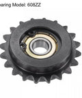 #25 Chain Idler Sprocket Featuring Single Bearing 20 Teeth Quarter Inch Pitch And 8mm Bore Black Oxide Steel Tensioner close-up view with 608ZZ bearing.