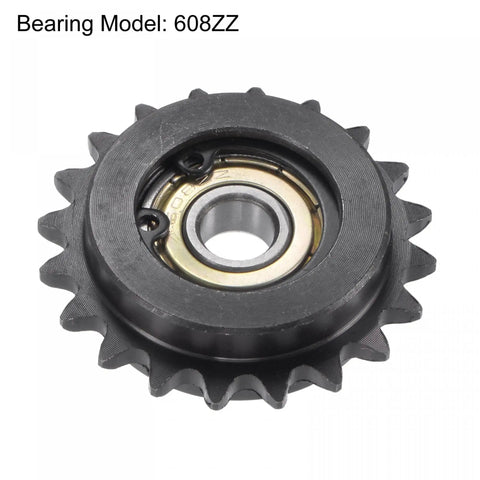 #25 Chain Idler Sprocket Featuring Single Bearing 20 Teeth Quarter Inch Pitch And 8mm Bore Black Oxide Steel Tensioner close-up view with 608ZZ bearing.