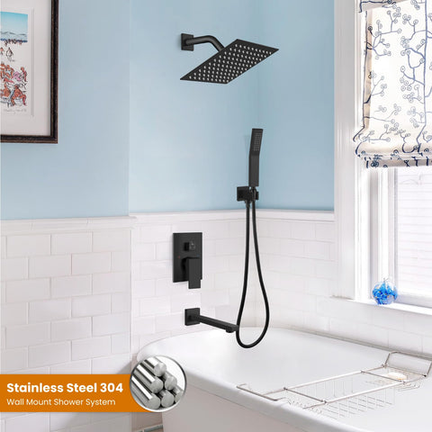 Matte Black Shower System With Tub Spout, Wall Mounted Rain Shower Head And Handle, 8 Inch Brass Faucet Set With Rough-In Valve
