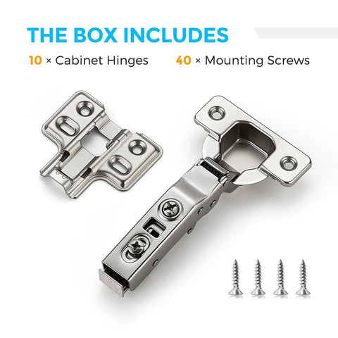 Heavy-Duty Soft-Close European Full-Overlay Concealed Cabinet Hinges Set, 5 Pairs (10 Hinges) with screws, frameless design