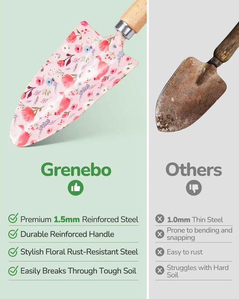 Comparison of floral garden trowel from 10 Piece Womens Garden Tool Gift Set With Floral Organizer and rusted trowel on right