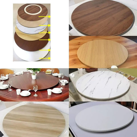 Various designs of White Round Wooden Lazy Susan Turntable for Dining Table 360 Degree Rotating Tray in different wood finishes.