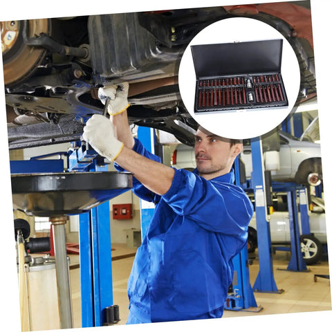 Professional Spline And Star Bit Socket Set Featuring Ergonomic Comfort Handles Grease Monkey Garage Essential For Diy Auto Repair And Workshop Daily Maintenance in use under vehicle.