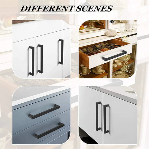 Matte Black Cabinet Handles Square Drawer Pulls in Various Settings, Showing 396 Mm Total Length and 12 Mm Width on Kitchen Cupboards