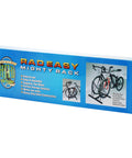 Packaging for Mighty Rack Two Bike Floor Stand For Easy Clamp-Free Bicycle Parking, shows rack with two bikes