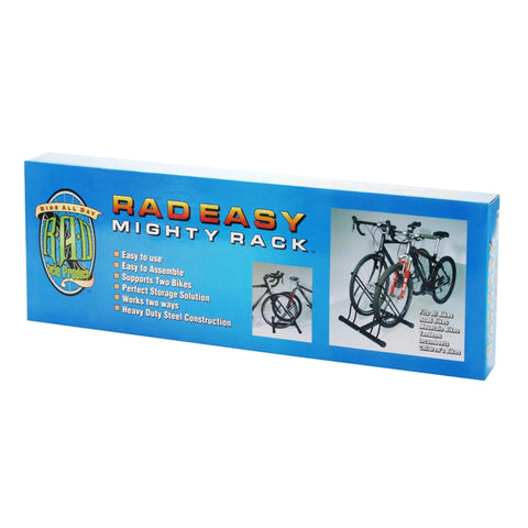 Packaging for Mighty Rack Two Bike Floor Stand For Easy Clamp-Free Bicycle Parking, shows rack with two bikes