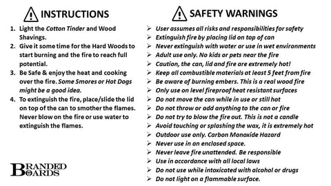 Instructions and safety warnings for Campfire In A Can Portable Mini Fire Pit For Marshmallows And Smores Made In USA.