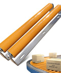 Polyurethane Coated Roller And Bracket Set For Conveyor And Kayak Systems 1.5 Inch Diameter 16 Inch Overall Length Heavy Duty Industrial Use Durable Smooth Operation 2 Pack, showing two orange rollers mounted on a metal bracket