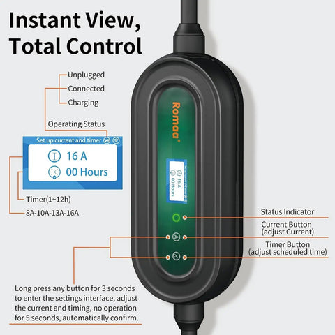 Portable Level 1 And Level 2 EV Charger With J1772 16A, Dual Voltage 120V 240V, control panel and cable details