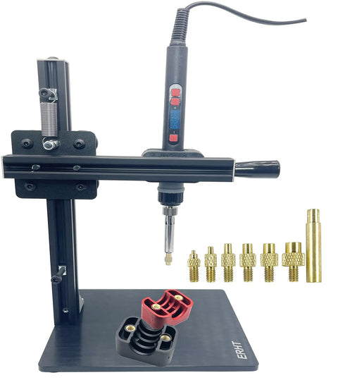 Easy Install Heat Set Insert Tool For 3D Printing with vertical heat press, knurled brass inserts M2-M6, soldering iron, and stand.