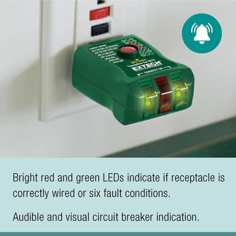 AC Circuit Breaker Finder and Receptacle Tester with LED Indicators plugged into outlet for testing