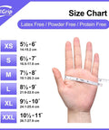 Size chart for Premium Violet Nitrile Exam Gloves 3 Mil Medium 100 Pack Box, showing hand measurements and sizes.