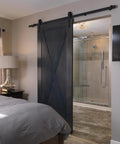 Stainless Shower Arm 6 Inch Ceiling Mount With 1/2 Inch IPS Threads, 2.5 Inch OD, in modern bathroom view from bedroom.